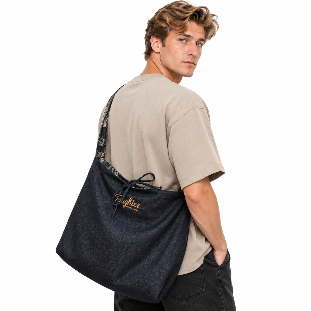 Vendbar denimveske med stor kapasitet