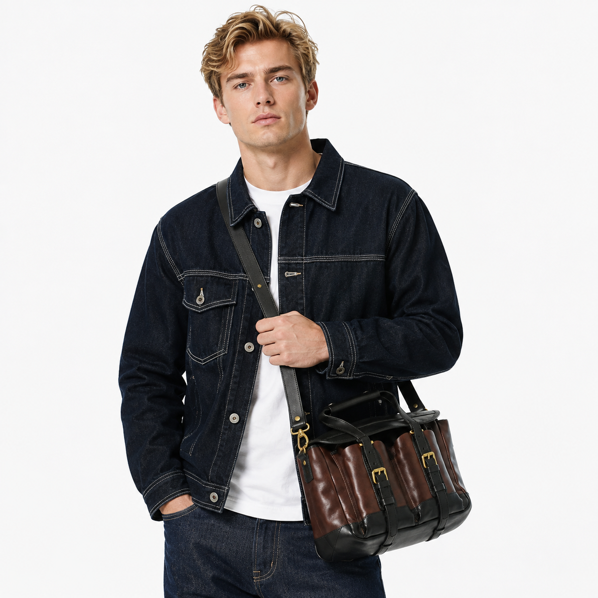 Vintage Skulderveske i Ekte Kuskinn for Herre – Håndlaget Messengerbag