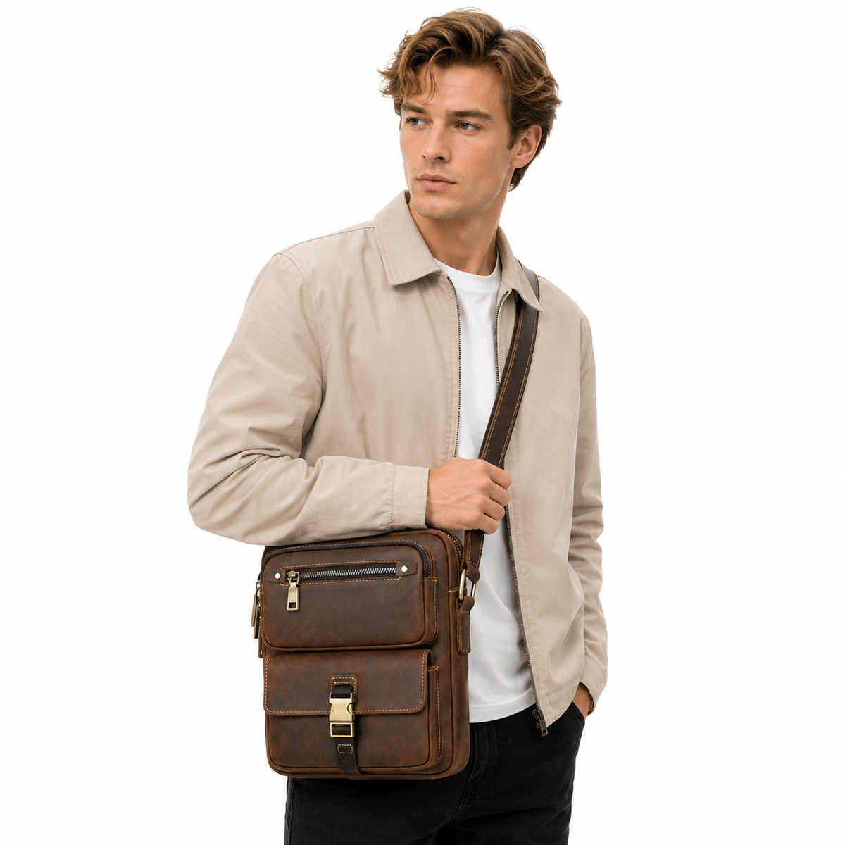 Crossbody Veske i Ekte Skinn for Herre – Messenger Bag med Plass til 11" iPad Pro
