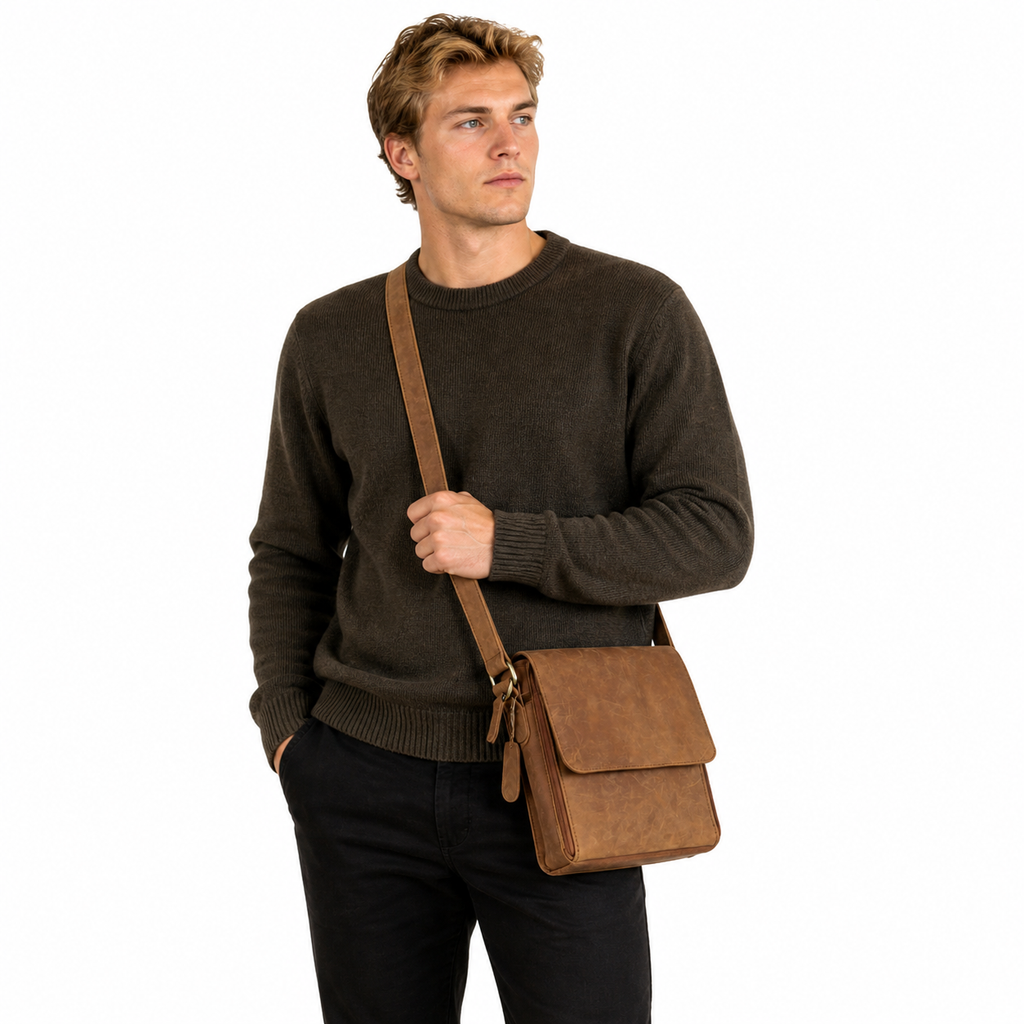 Skinn Crossbody Veske til Herre – Vintage Crazy Horse Medium Størrelse