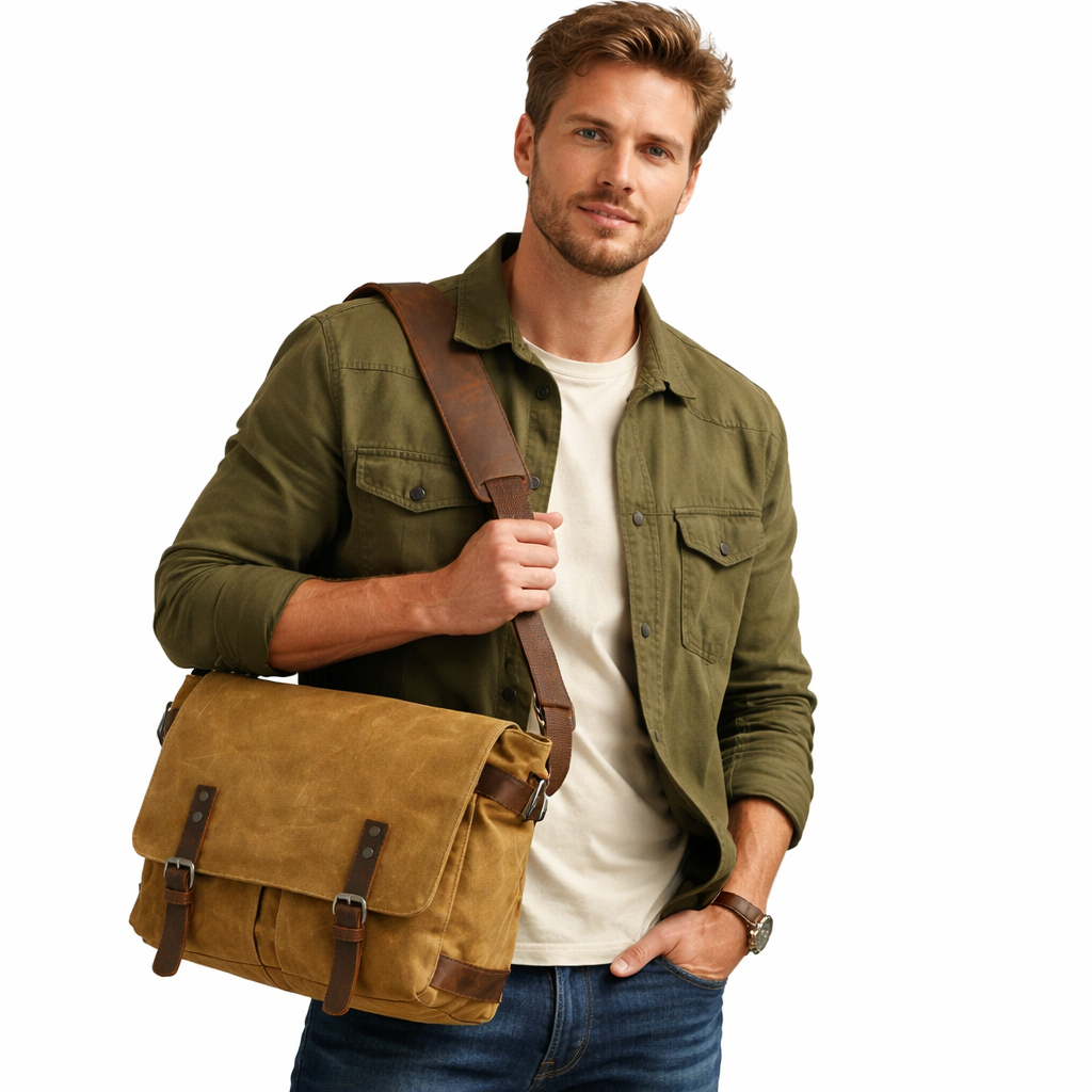 Retro Canvas Skulderveske for Menn – Crossbody Laptopveske med Skinndetaljer