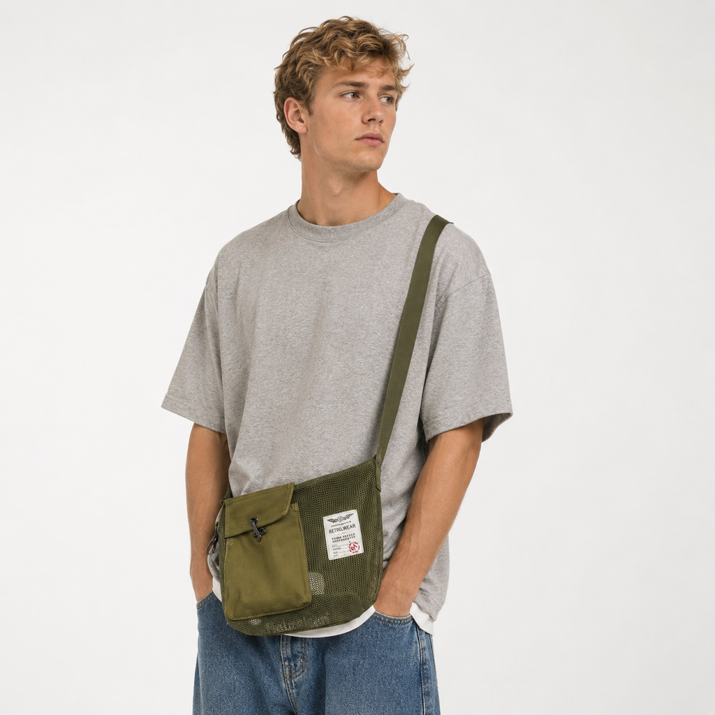 Grønn Crossbody Veske for Herre – Lett Mesh Skulderveske med Mobillomme
