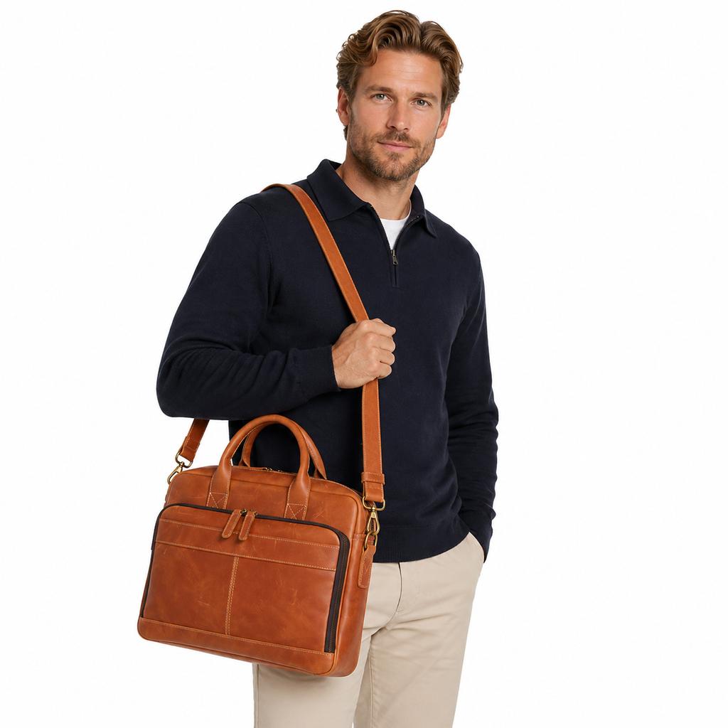 Skinn Briefcase til Herre – Vintage Laptopveske i Crazy Horse Skinn