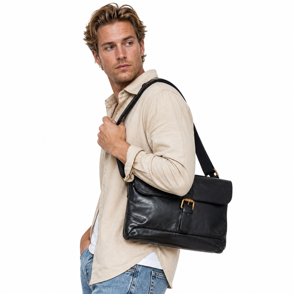 Skinn Messenger Bag til Herre – Vintage Crossbody med Bred Stropp