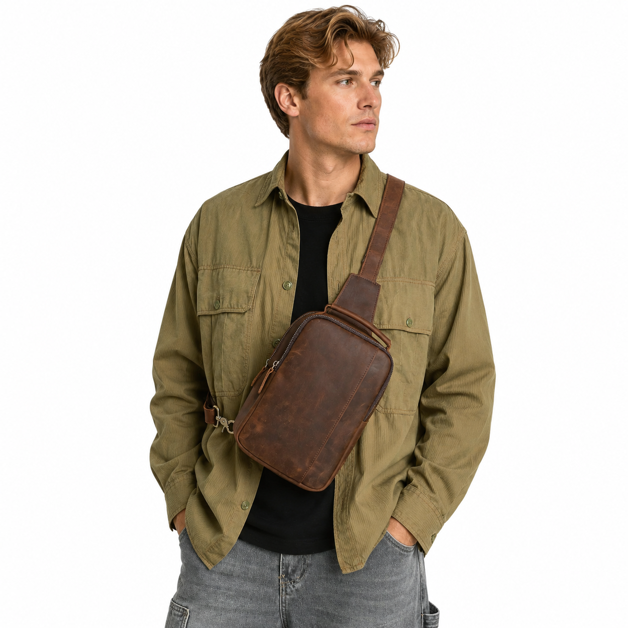 Vintage Chest Bag i Ekte Skinn til Herre – Crossbody Mobilveske