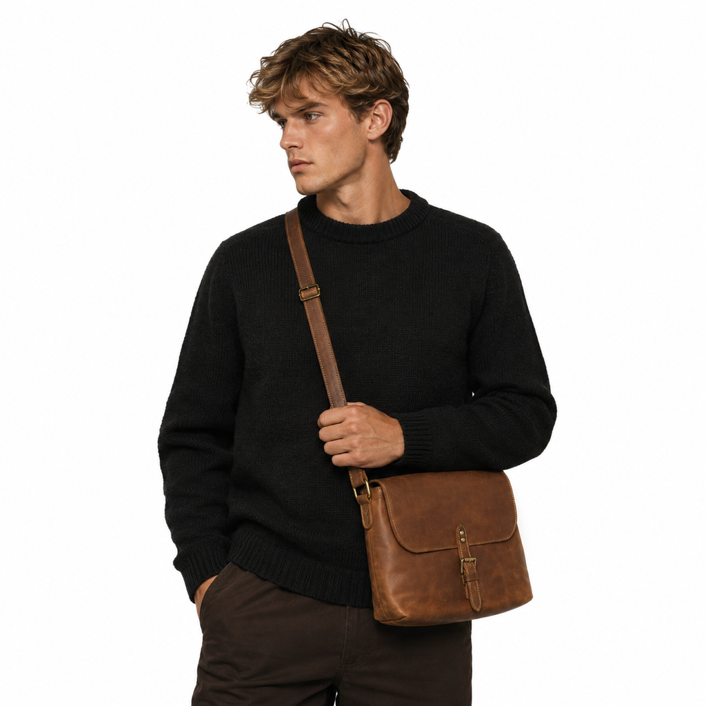 Vintage Messenger Bag i Ekte Crazy Horse-skinn til Herre – Casual Skulderveske for Hverdag og Reise