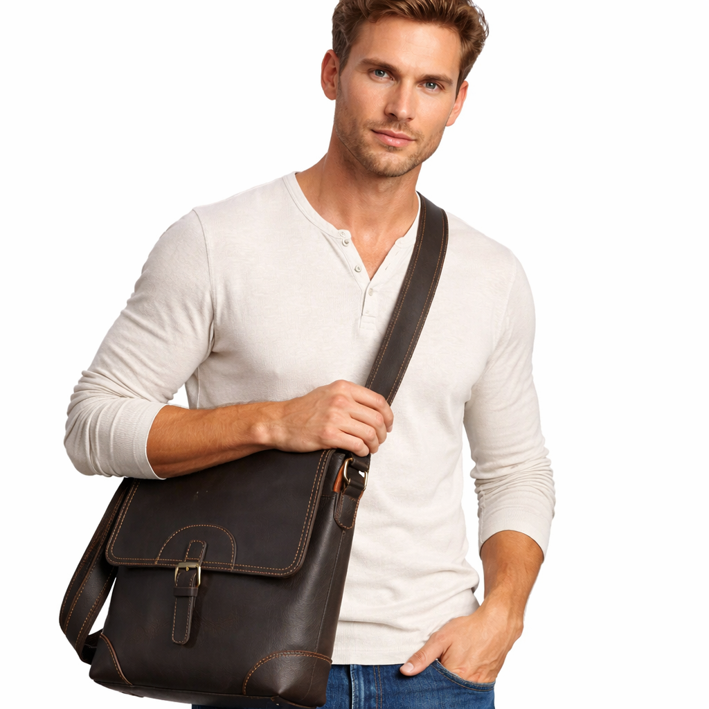 Retro Skulderveske i Ekte Skinn – Vertikal Messenger Bag med Plass til 11" Nettbrett