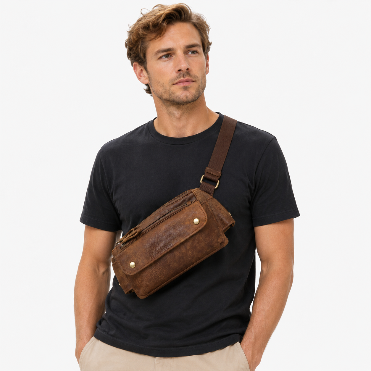 Brystveske i Matt Ekte Skinn for Herre – Multifunksjonell Crossbody Veske