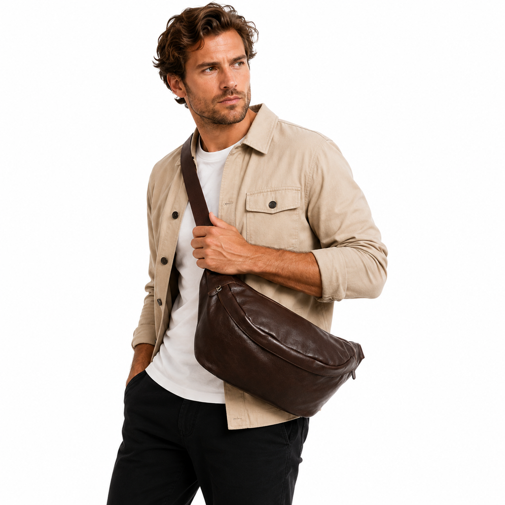 Vintage Brystveske i Ekte Skinn til Herre – Stor Crossbody-veske med God Oppbevaringsplass