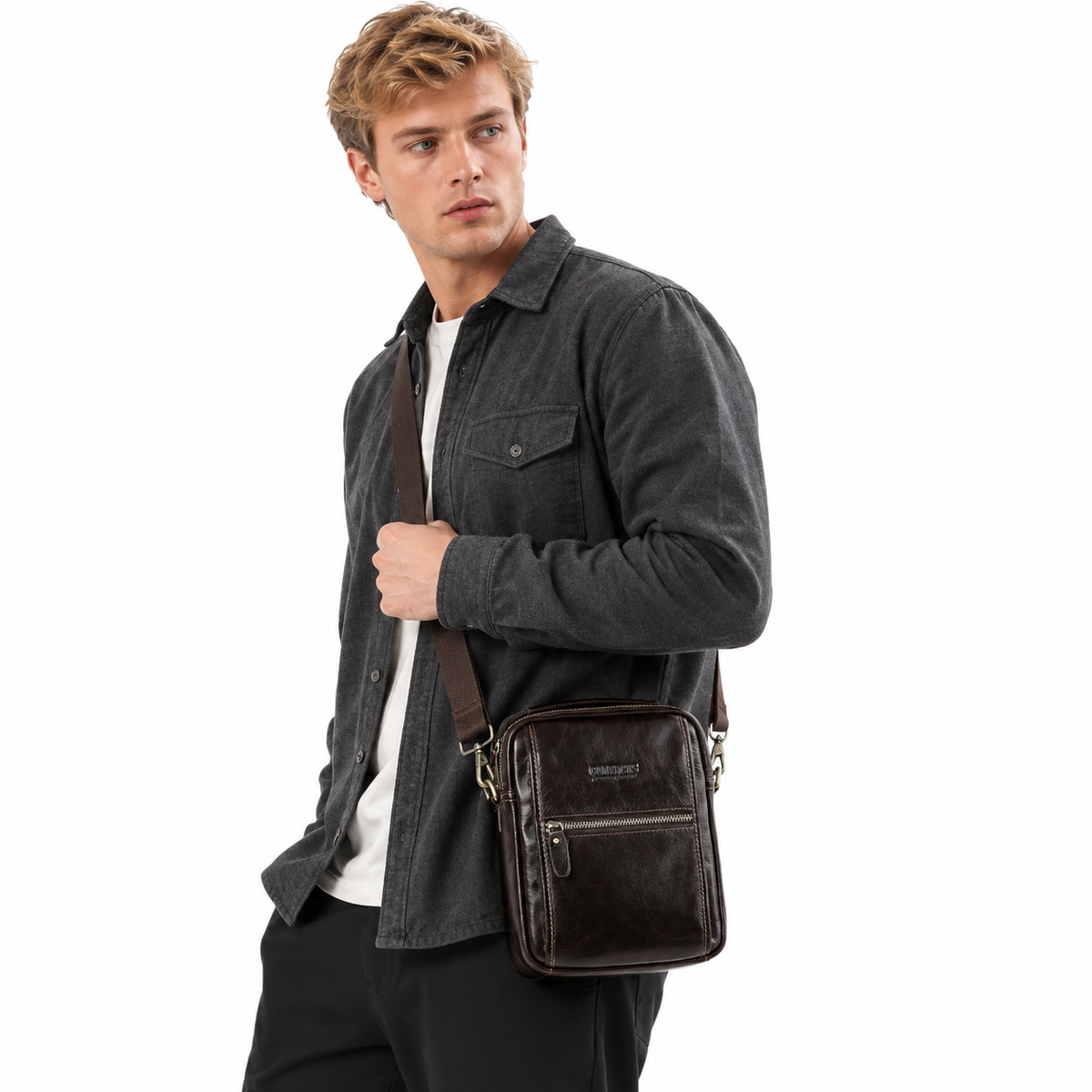 Liten Crossbody Veske i Ekte Skinn for Herre – Messenger Skulderveske med Mobillomme