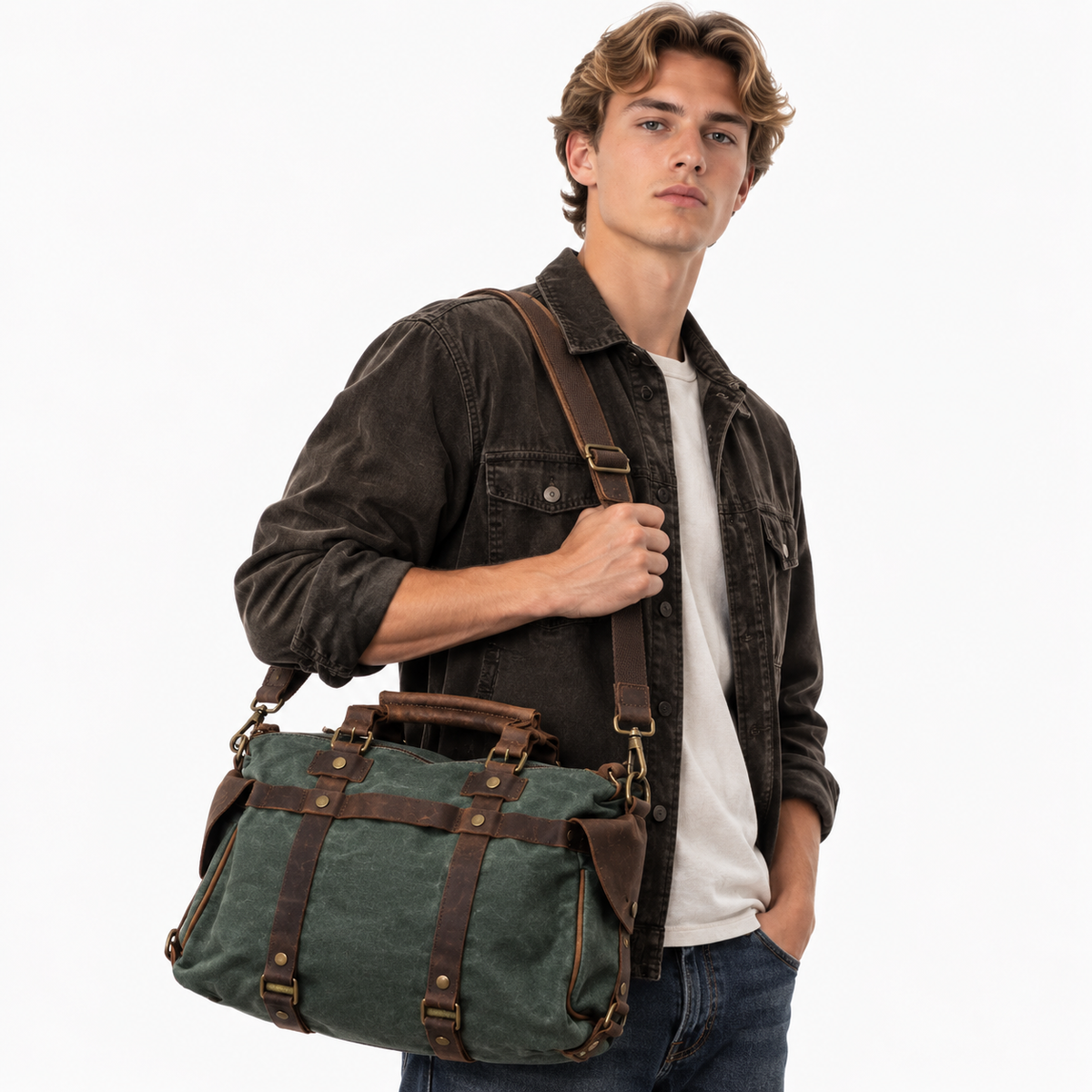 Crossbody Veske i Canvas og Ekte Skinn – Unisex Messenger- og Weekendveske