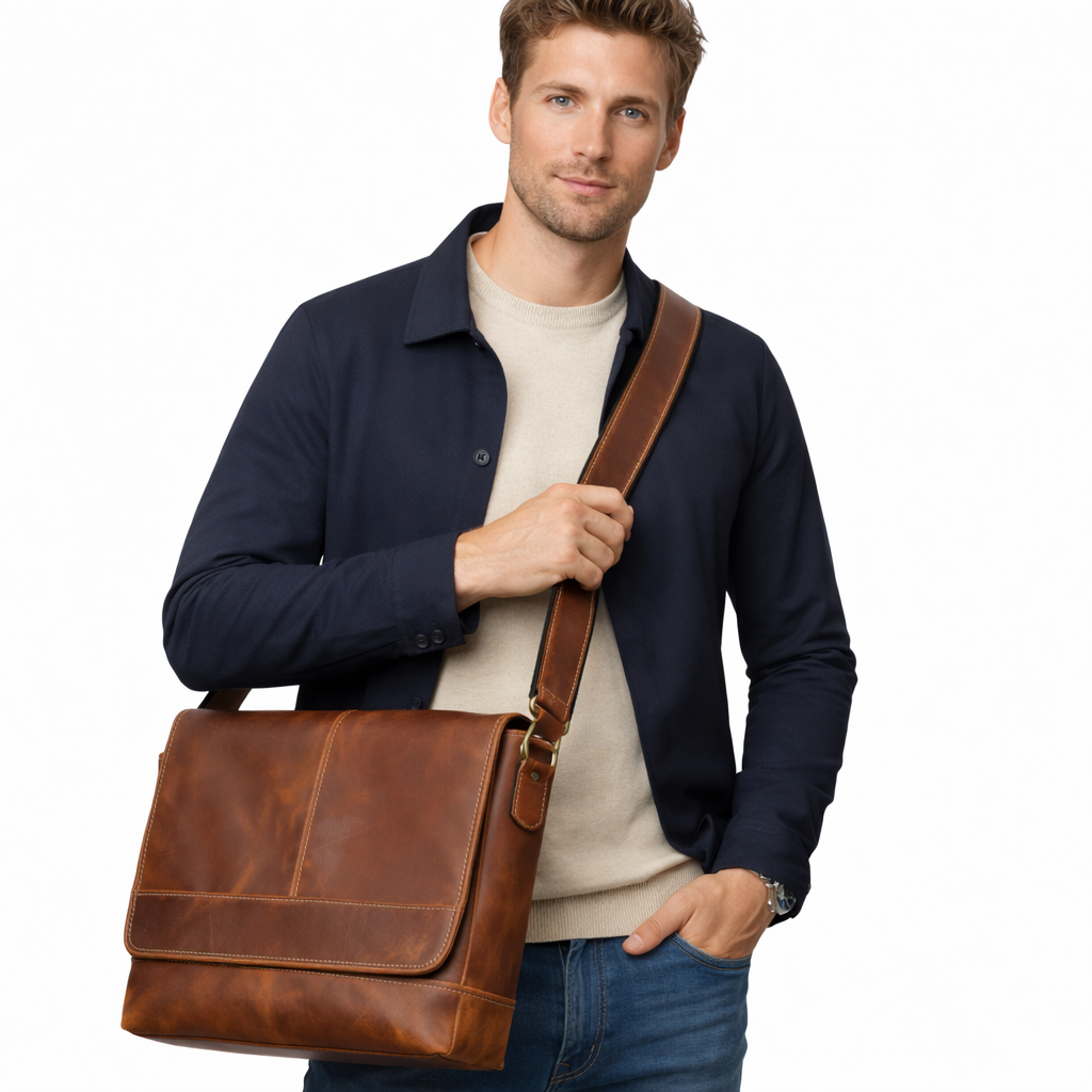 Retro Skinnveske for Menn – Messenger Bag i Ekte Skinn med Plass til A4 Dokumenter