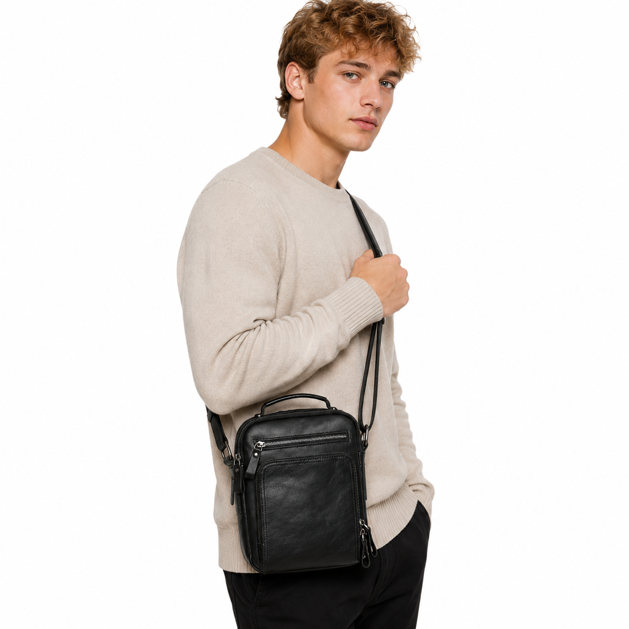 Retro Crossbody Veske i Ekte Skinn til Herre – Lett Messenger Bag for Hverdagsbruk
