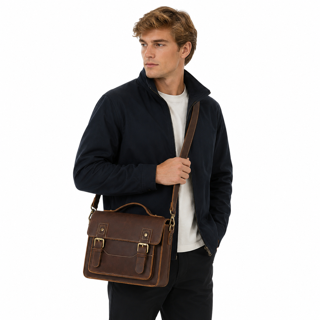 Vintage Sling Bag i Crazy Horse-skinn til Herre – Kompakt Messenger Veske