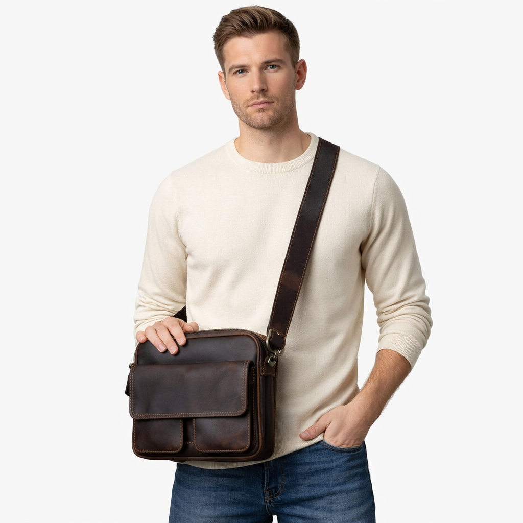 Retro Skulderveske i Skinn – Klassisk Messenger Bag med Plass til 9" Nettbrett