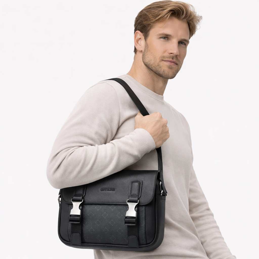 Monogram Skulderveske i Skinnlook – Slank Crossbody Veske for Business og Reise