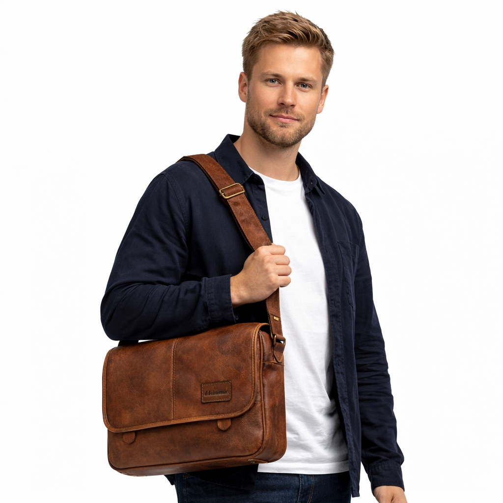 Stor Skulderveske i Skinn – Klassisk Messenger Bag for Menn med God Kapasitet