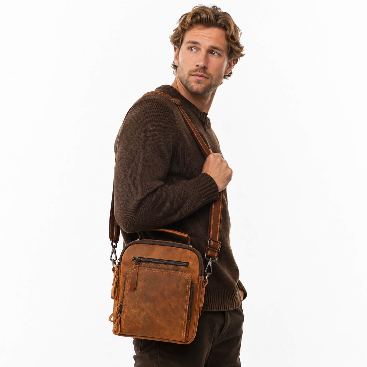 Messenger Bag i Crazy Horse-skinn til Herre – Vintage Crossbody Veske for Jobb og Hverdag