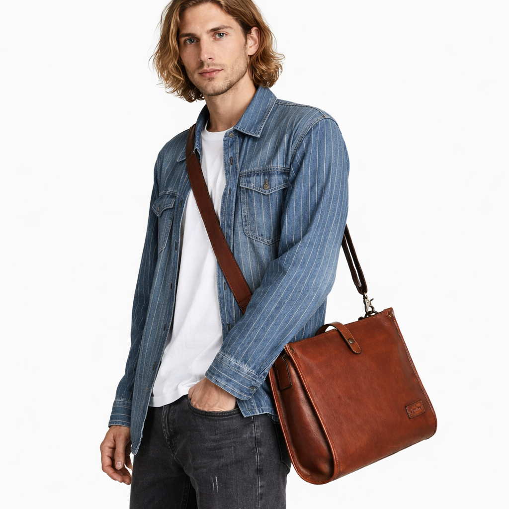 Horisontal Skulderveske i Ekte Skinn – Elegant Messenger Bag for Jobb og Hverdag