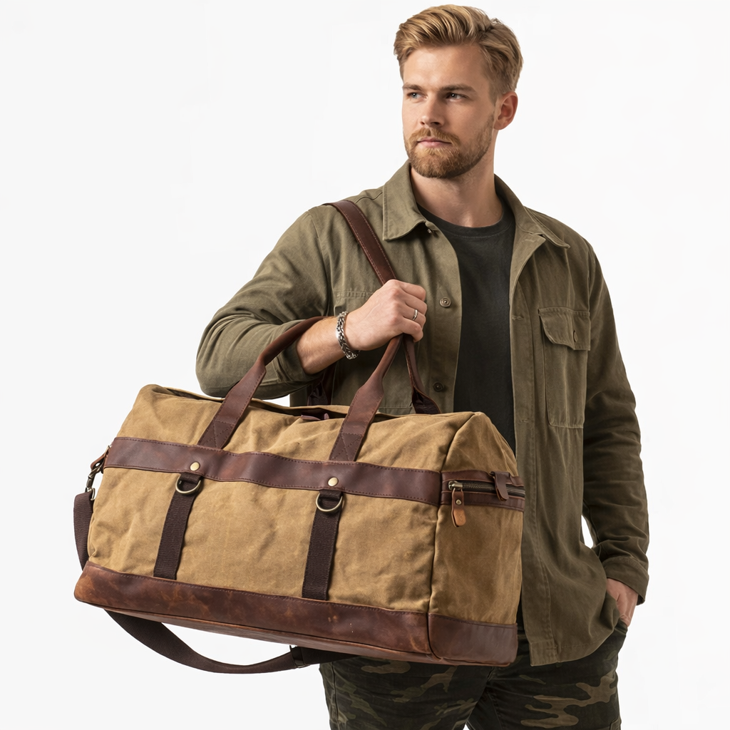 Vintage Weekendbag i Vokset Canvas og Skinn – Stor Reisebag for Håndbagasje