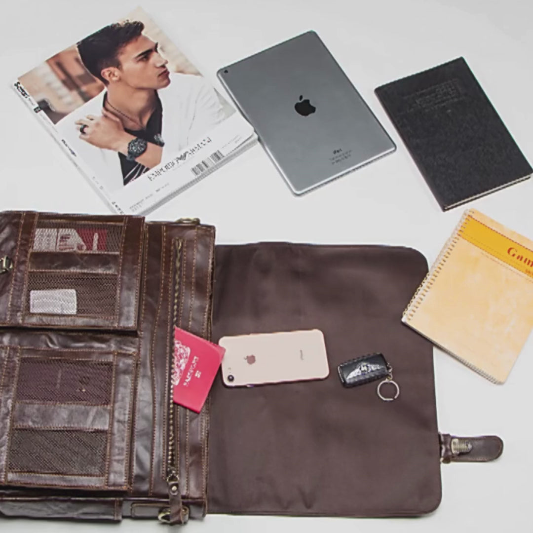 Skinn Laptopveske – Vintage Dokumentmappe for Herre med Stor Kapasitet